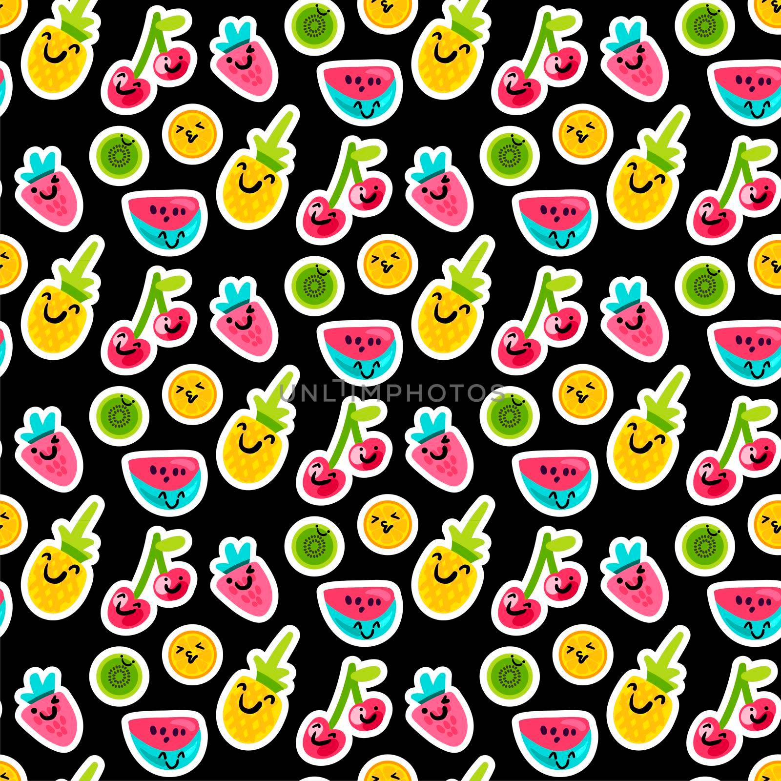 Color fruits emoji seamless vector pattern. Doodle cherry, kiwi, orange stickers on black background