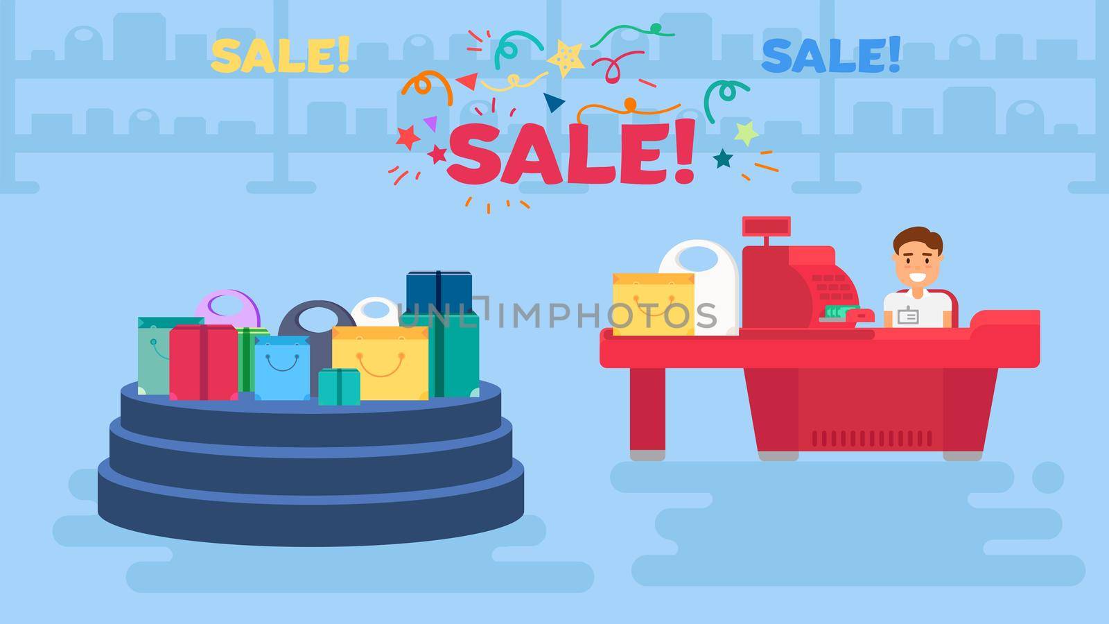 Store with sale showcase and cashier near cash desk. Store or market retail interior. Shopping concept illustration. Storefront podium banner. Vector