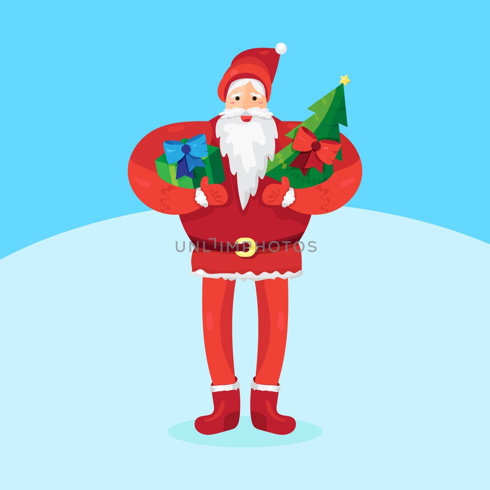 Merry Christmas greeting with Santa Claus or Father Frost with gift and fir in hands. Vector