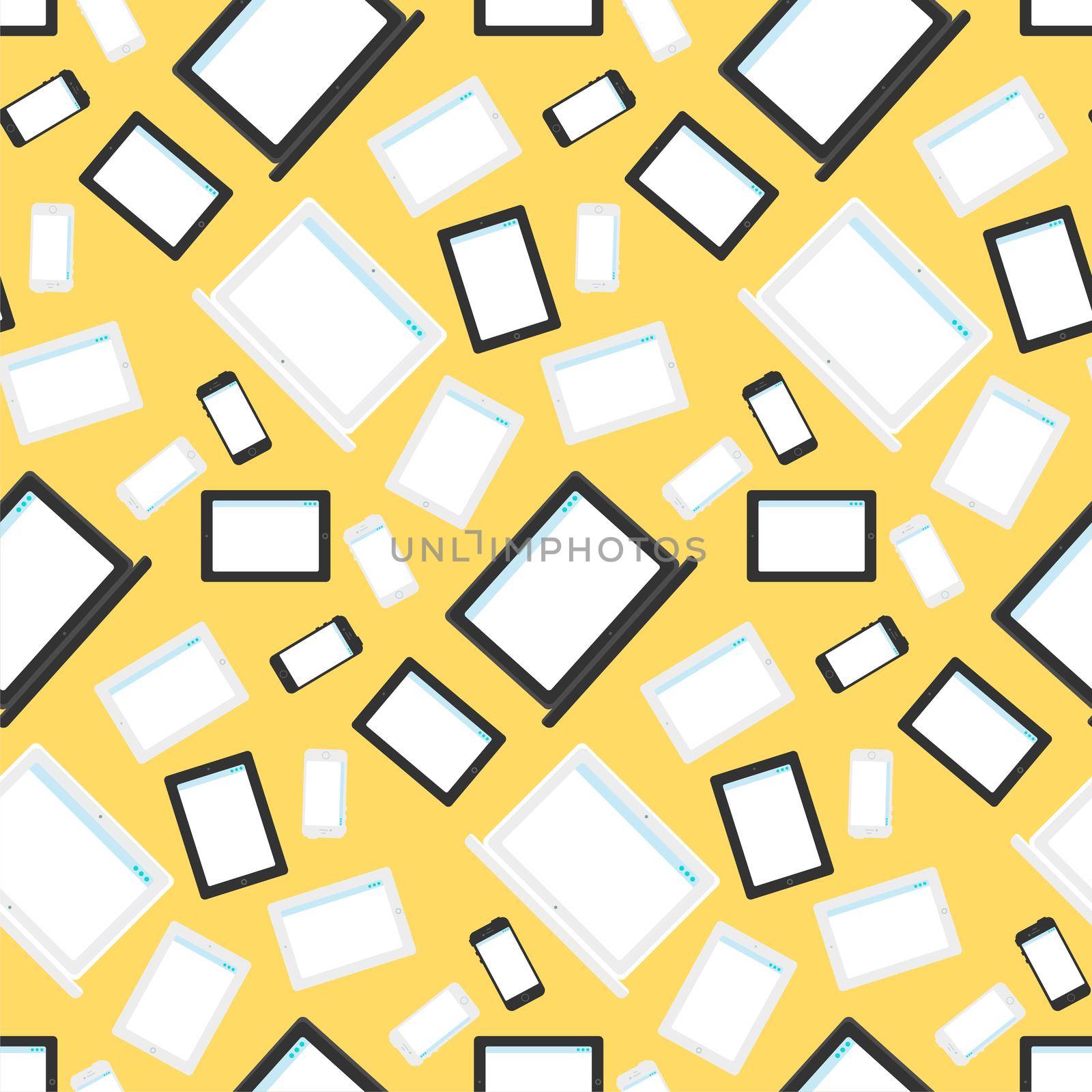 Vector stylish seamless pattern with notebook, smartphone and tablet in flat style. Cartoon design backdrop about technology, IT, internet, social networks and technical progress and support