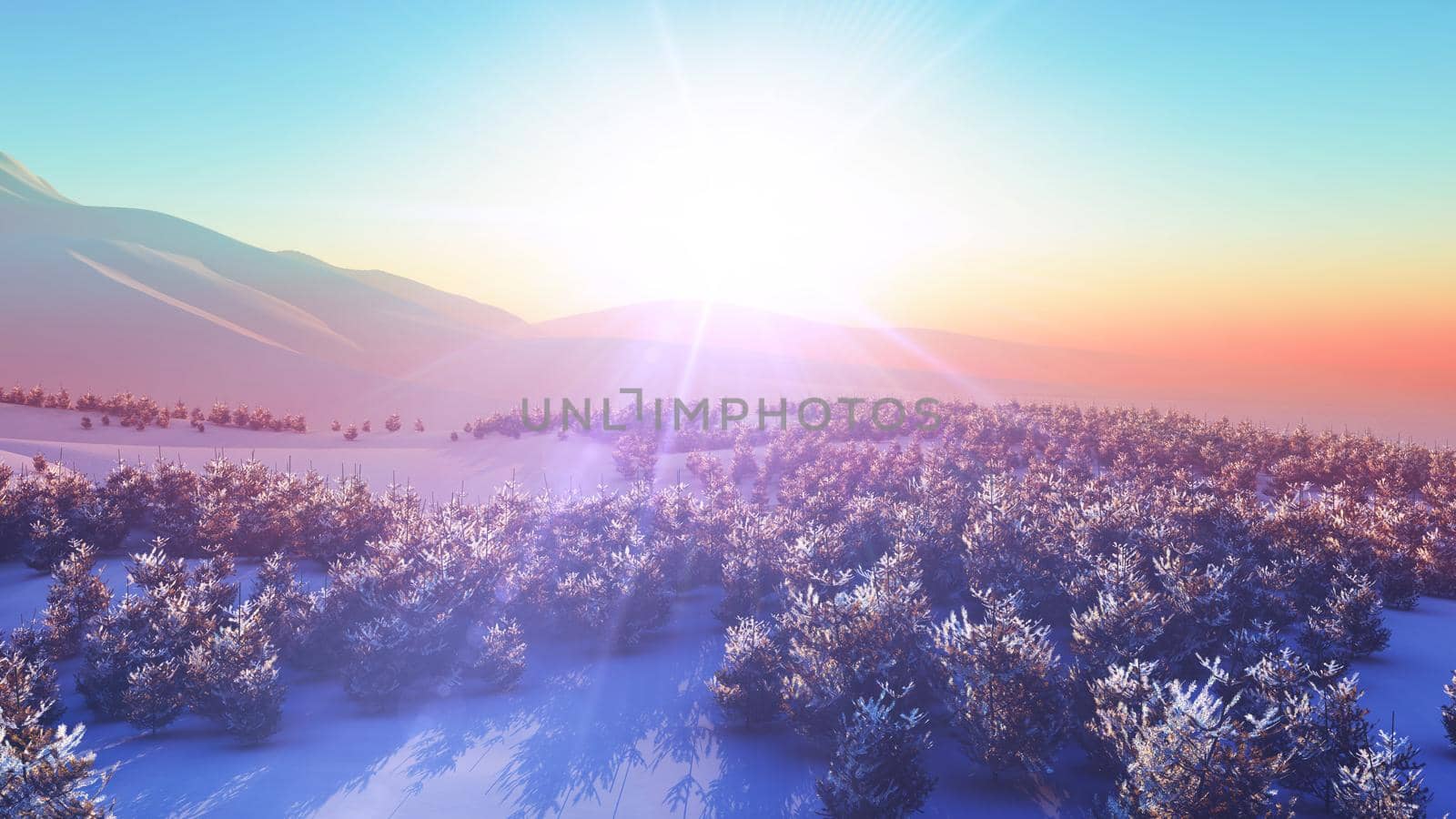 above winter forest mountain sunset 3D rendering illustration