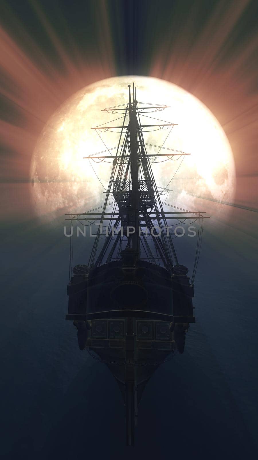 old ship in sea full moon illustration by alex_nako