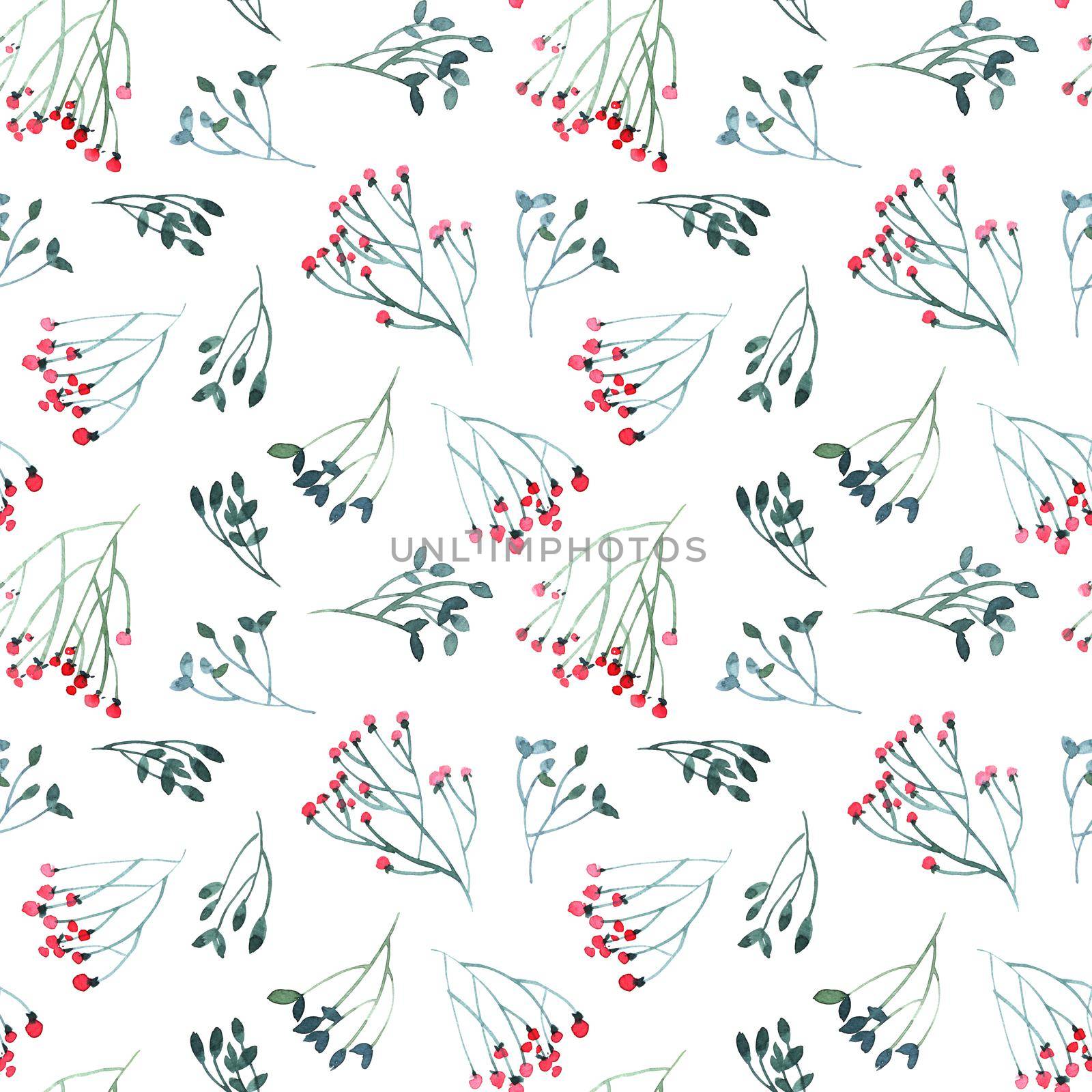 Watercolor leaves and flowers twigs on white background - decorative organic seamless pattern.