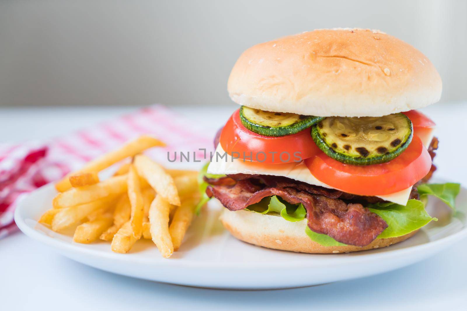 bacon burger with french fries