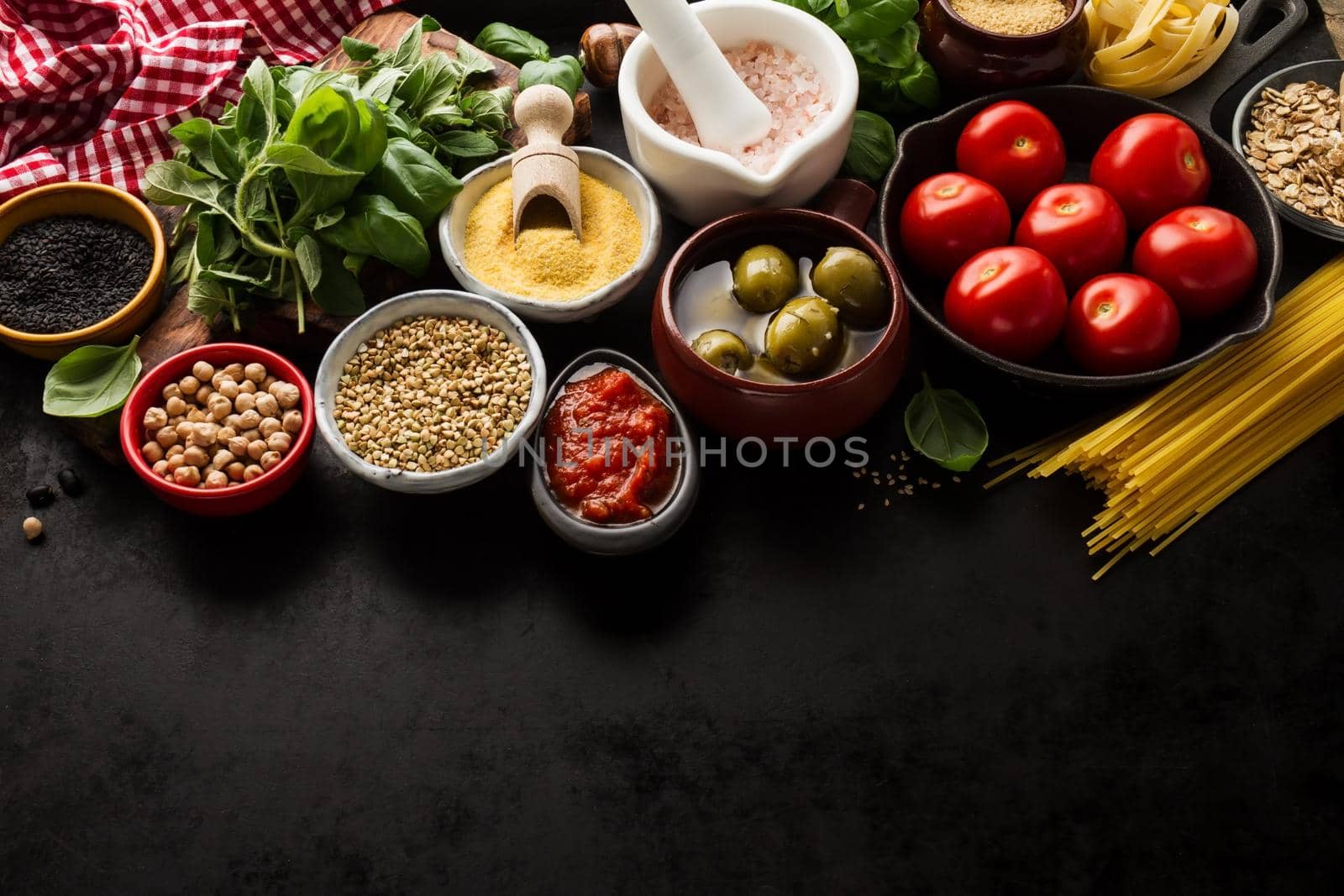 Food background Food Concept with Various Tasty Fresh Ingredients for Cooking. Italian Food Ingredients. View from Above with Copy Space.