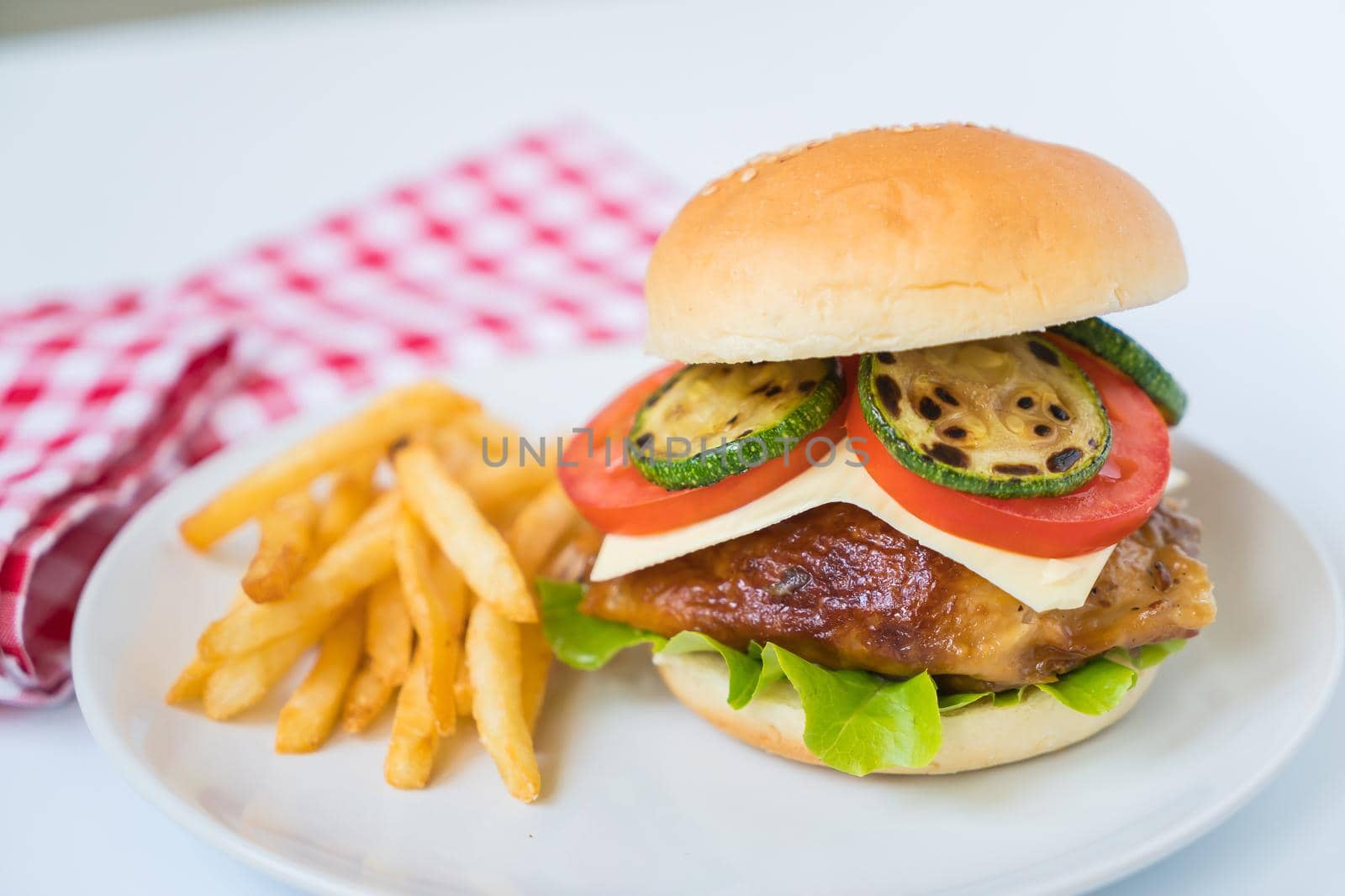 grill chicken burger with french fries