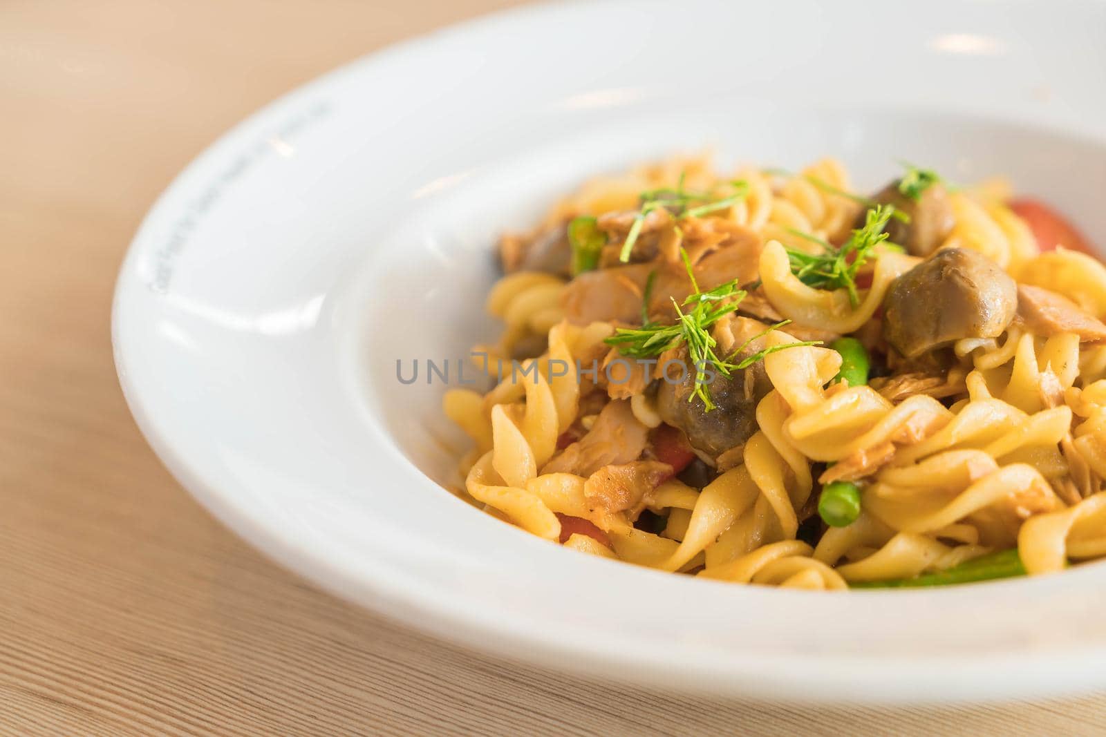 spicy tuna pasta on table