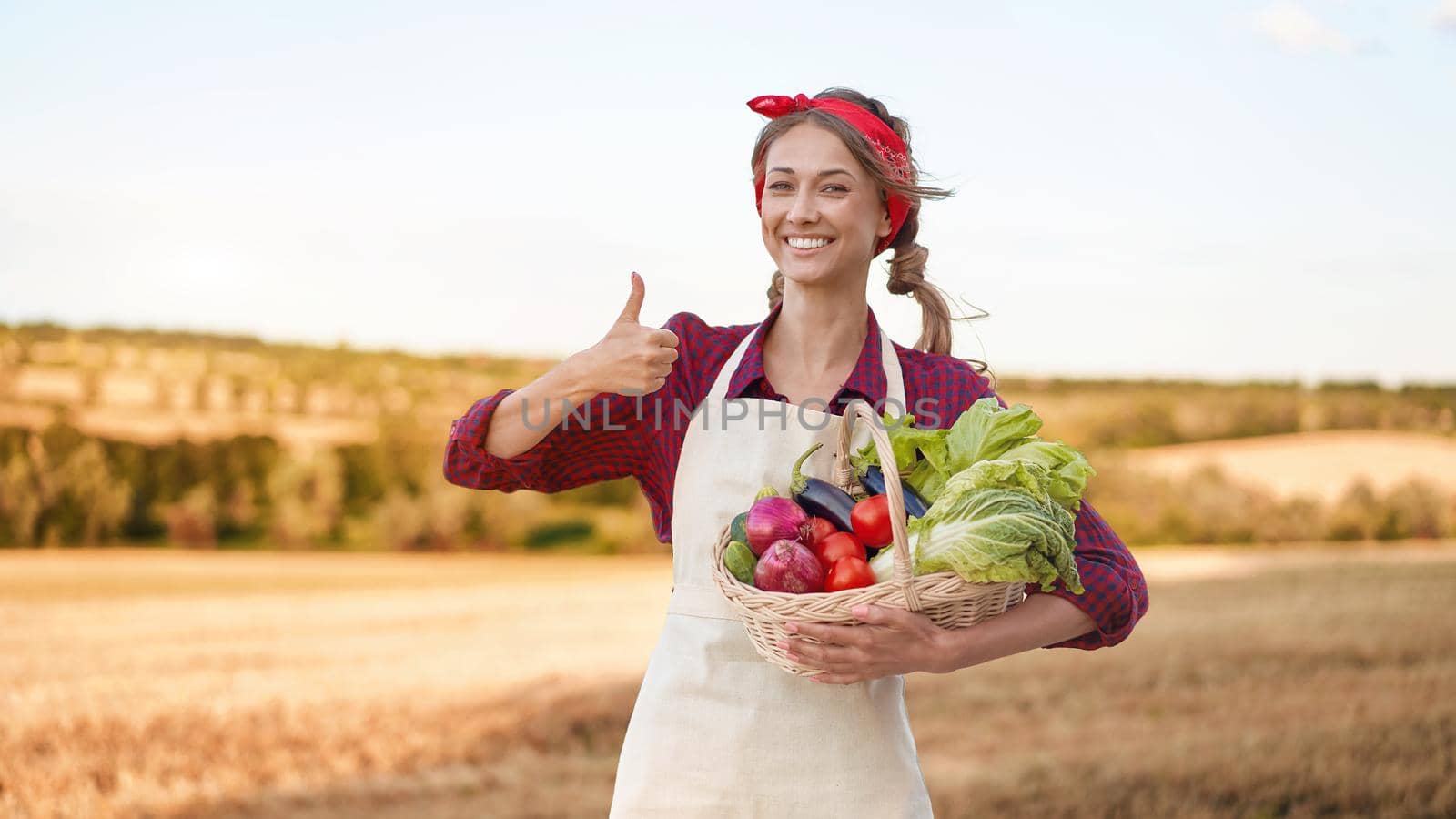 Woman farmer holding basket vegetable onion tomato salad cucumber showing thumb up standing farmland smiling Female agronomist specialist farming agribusiness Pretty girl dressed red checkered shirt