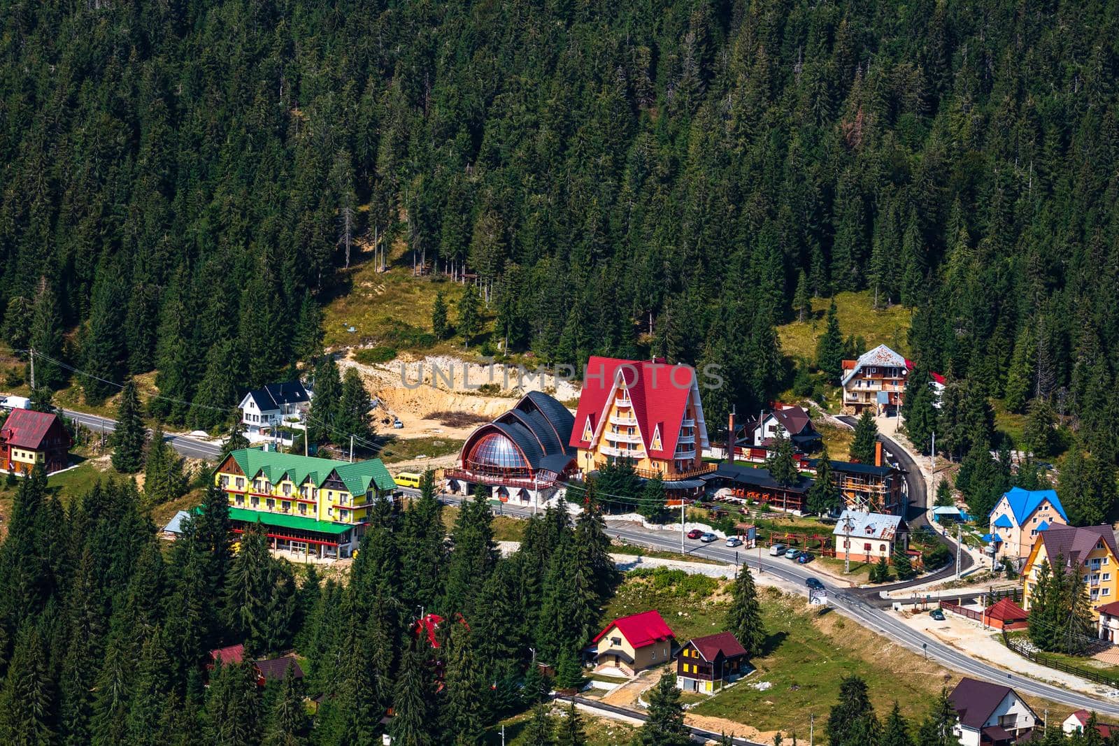 View from above of a mountain resort Vartop in Bihor, Romania, 2021