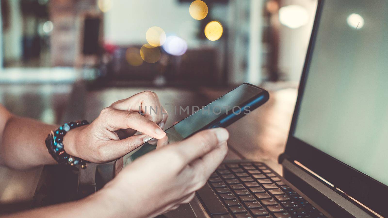  Woman use technology devices smartphone and laptop to work or study do connect communication business concept
