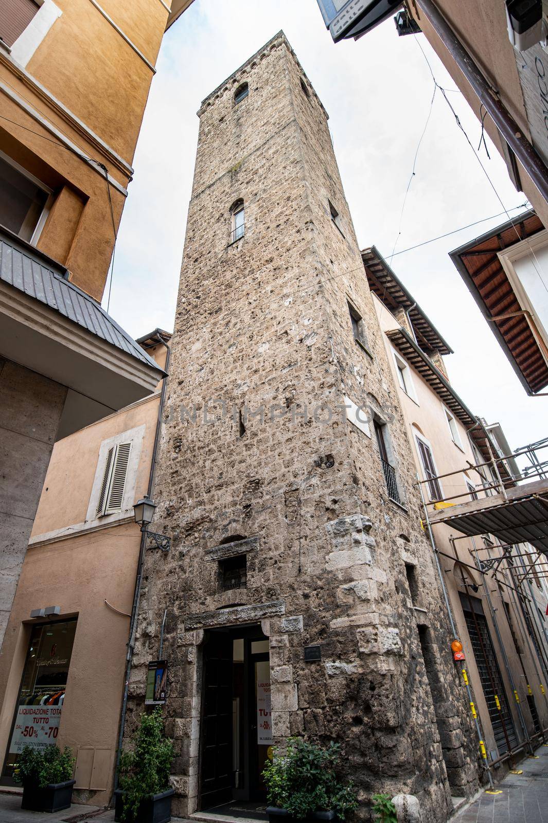 terni,italy july 07 2021:barberini tower in via roma in the historic center of the city