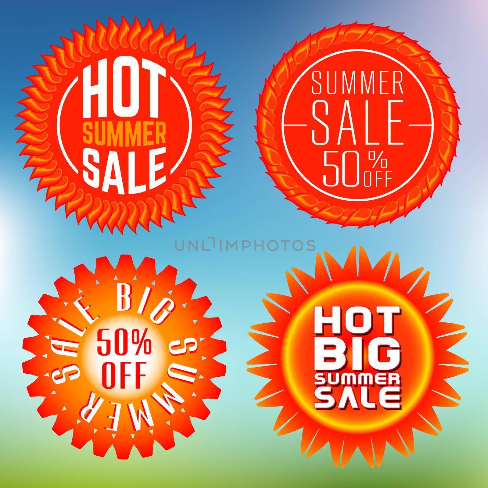 Set of summer sale stamps, insignias. Vector illustration.