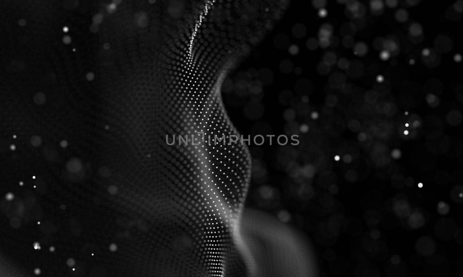 Abstract futuristic illustration of polygonal surface. Low poly shape with connecting dots and lines on dark background. 3D rendering