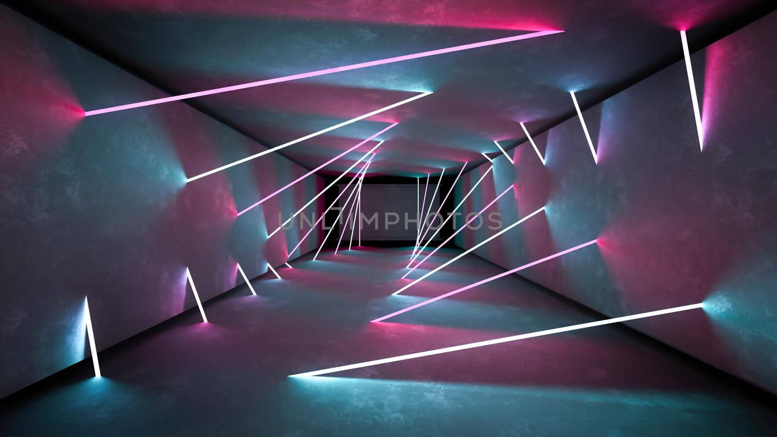 Night club interior lights 3d render for laser show. Glowing lines. Abstract fluorescent background. Neon room corridor background. Light abstract futuristic design. Modern geometric glow interior. Perspective bright electric lamp wallpaper. Wall illumination technology tunnel with matte reflection. Led lights backdrop.