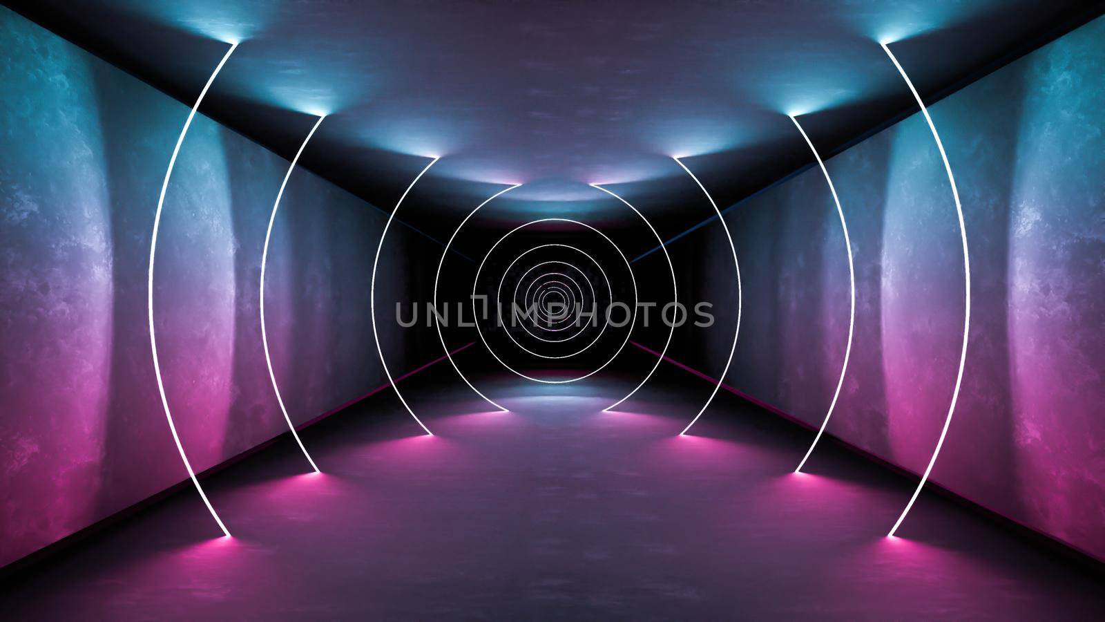 Night club interior lights 3d render for laser show. Glowing lines. Abstract fluorescent background. Neon room corridor background. Light abstract futuristic design. Modern geometric glow interior. Perspective bright electric lamp wallpaper. Wall illumination technology tunnel with matte reflection. Led lights backdrop.