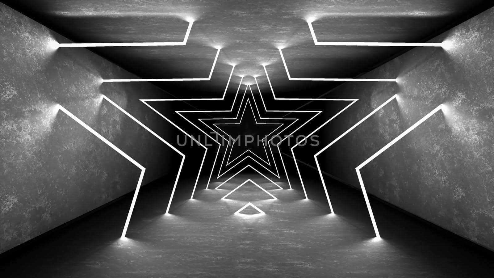 Night club interior lights 3d render for laser show. Glowing lines. Abstract fluorescent background. Neon room corridor background. Light abstract futuristic design. Modern geometric glow interior. Perspective bright electric lamp wallpaper. Wall illumination technology tunnel with matte reflection. Led lights backdrop.