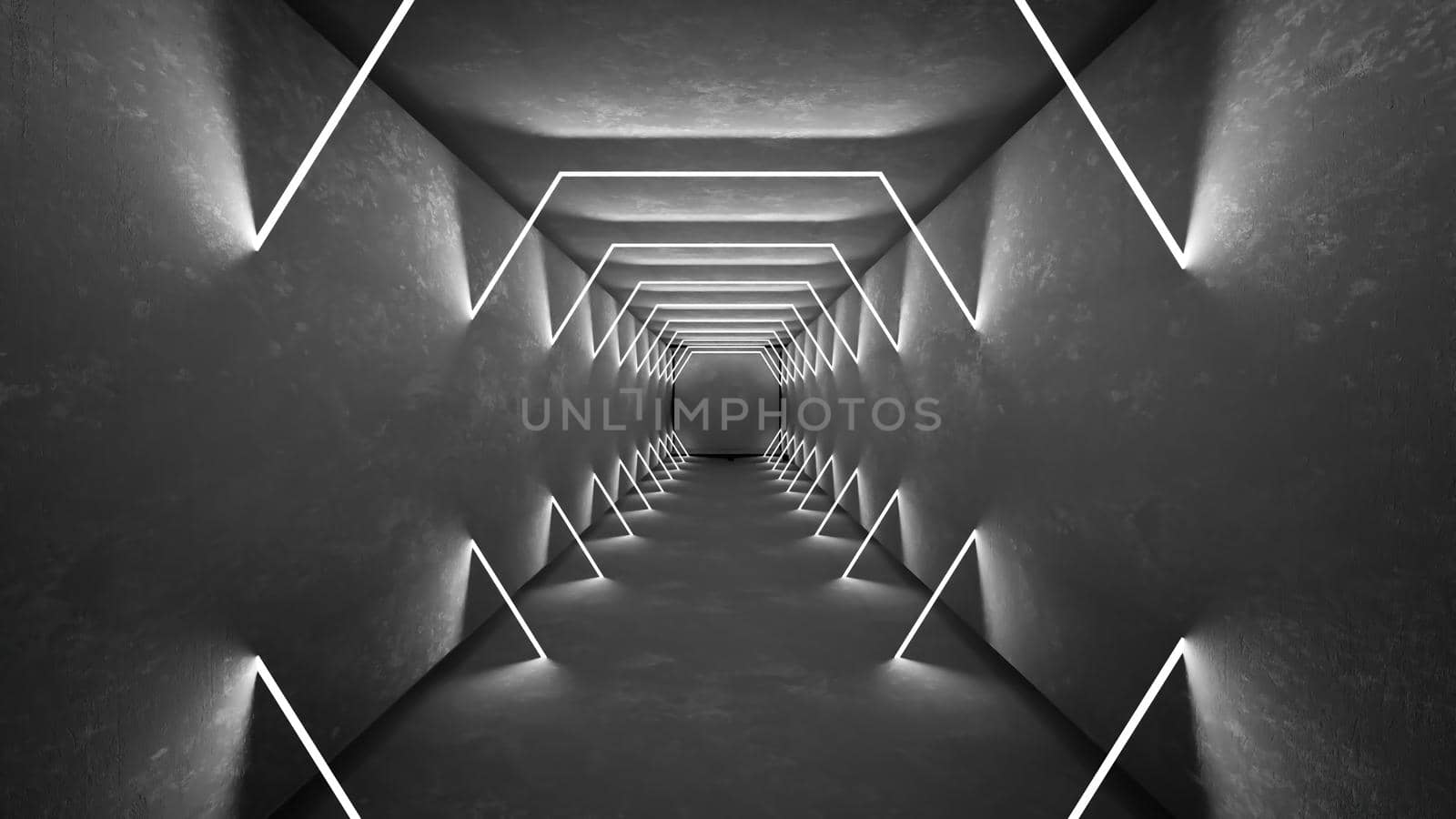Night club interior lights 3d render for laser show. Glowing lines. Abstract fluorescent background. Neon room corridor background. Light abstract futuristic design. Modern geometric glow interior. Perspective bright electric lamp wallpaper. Wall illumination technology tunnel with matte reflection. Led lights backdrop.