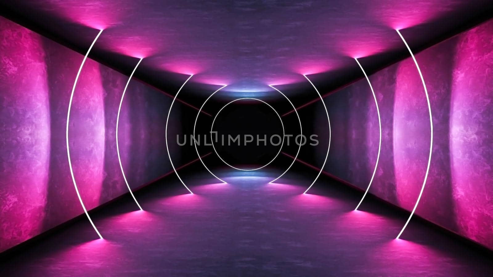 Night club interior lights 3d render for laser show. Glowing lines. Abstract fluorescent background. Neon room corridor background. Light abstract futuristic design. Modern geometric glow interior. Perspective bright electric lamp wallpaper. Wall illumination technology tunnel with matte reflection. Led lights backdrop.