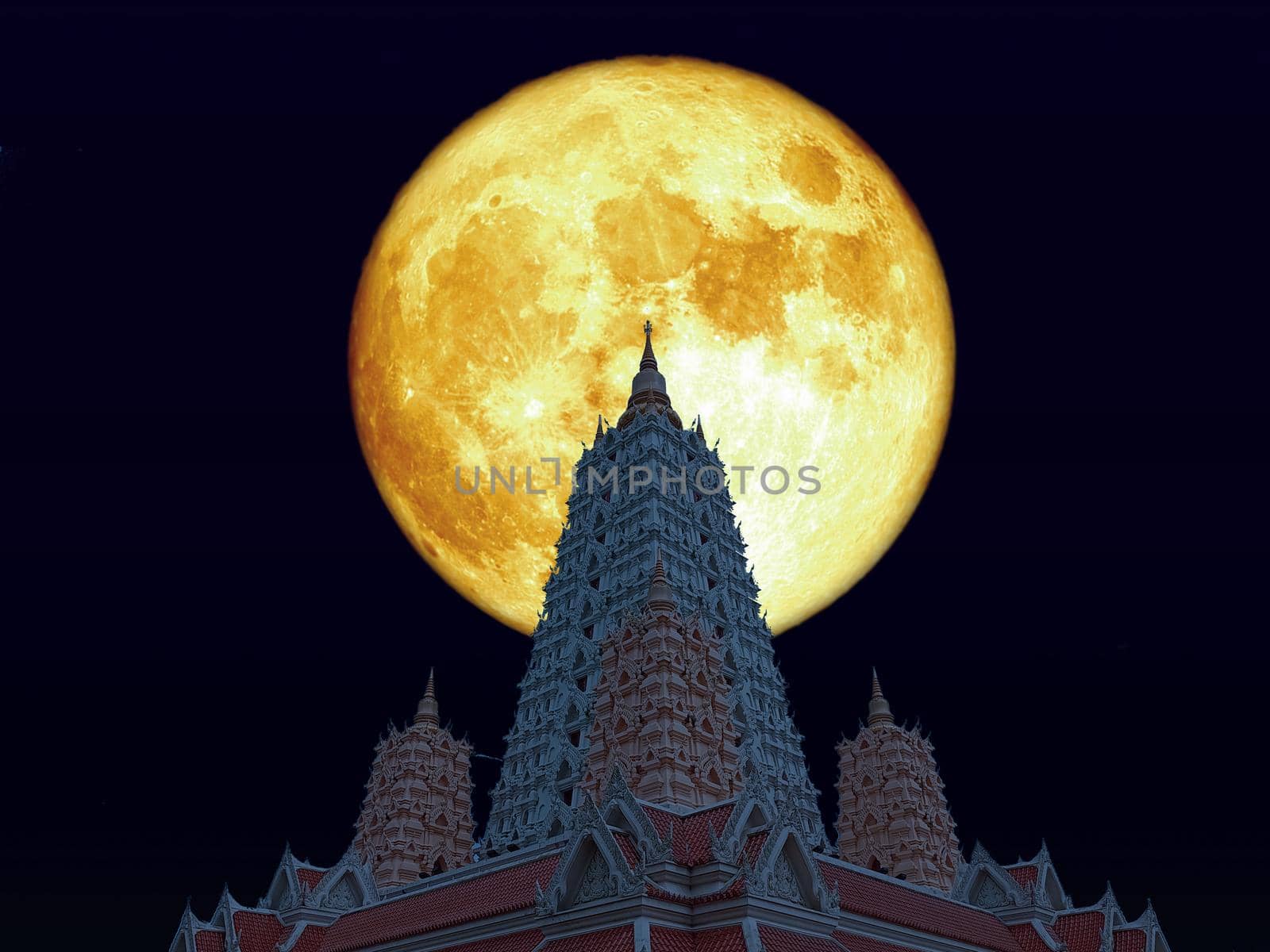 Full blood moon over Buddhagaya pagoda on night sky by Darkfox