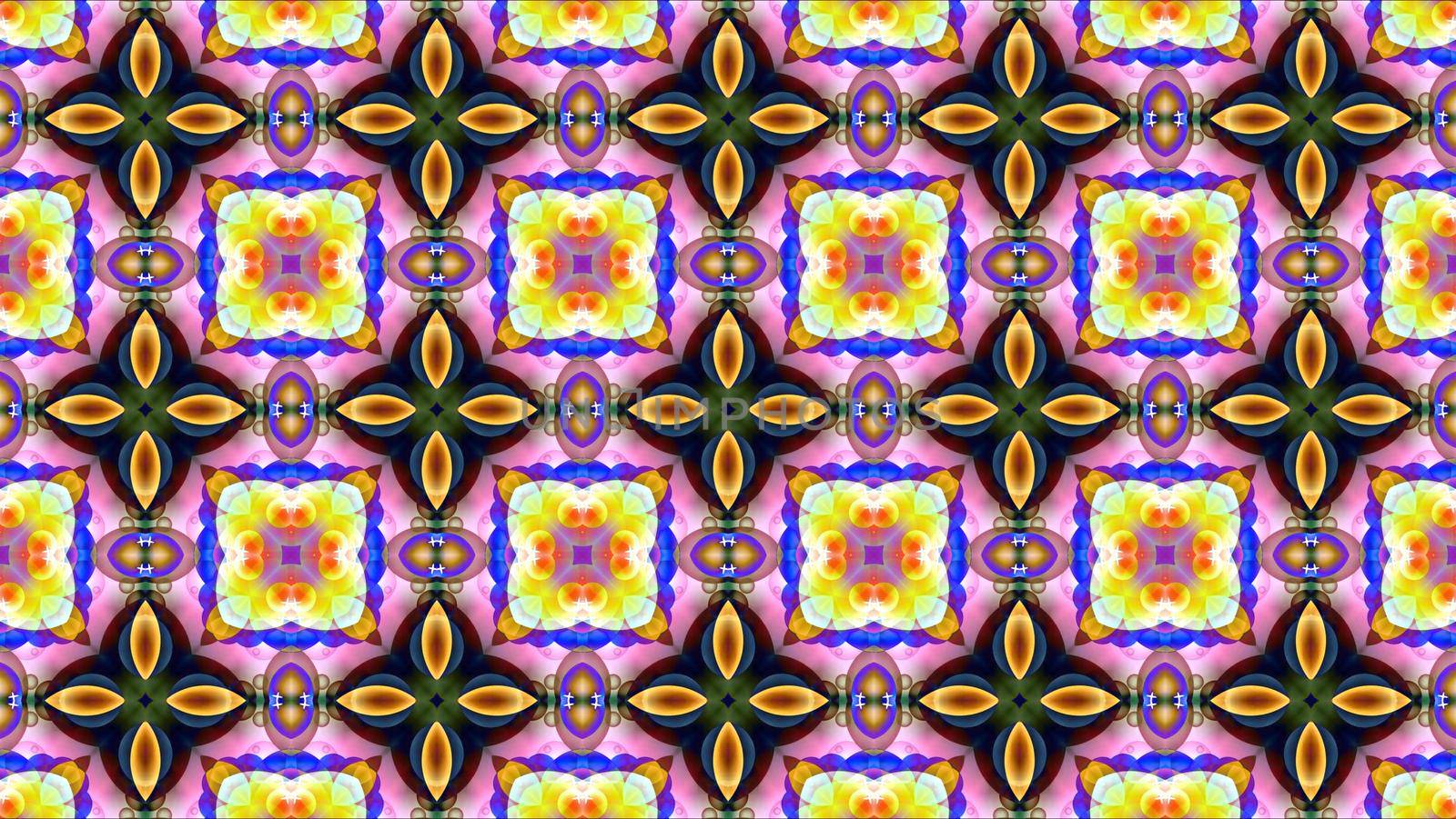 red yellow flower with white stars on purple leaves and black orange four leaves kaleidoscope reflection texture pattern background