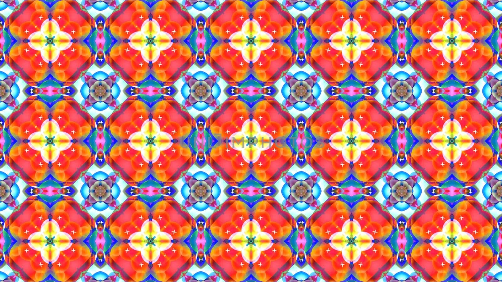 red yellow giant flower violet cross pollen with white eight stars and little blue flower kaleidoscope reflection texture pattern background