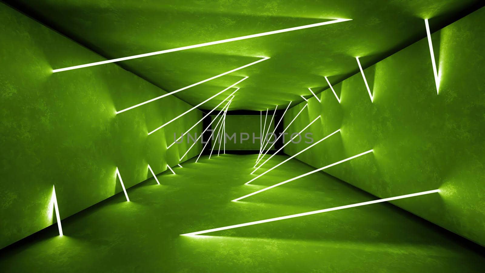 Night club interior lights 3d render for laser show. Glowing lines. Abstract fluorescent background. Neon room corridor background. Light abstract futuristic design. Modern geometric glow interior. Perspective bright electric lamp wallpaper. Wall illumination technology tunnel with matte reflection. Led lights backdrop.