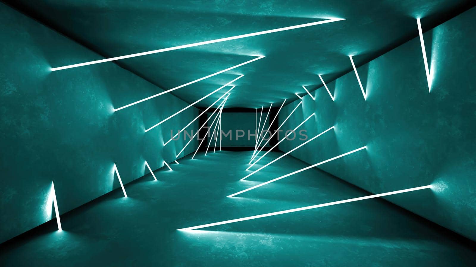 Night club interior lights 3d render for laser show. Glowing lines. Abstract fluorescent background. Neon room corridor background. Light abstract futuristic design. Modern geometric glow interior. Perspective bright electric lamp wallpaper. Wall illumination technology tunnel with matte reflection. Led lights backdrop.