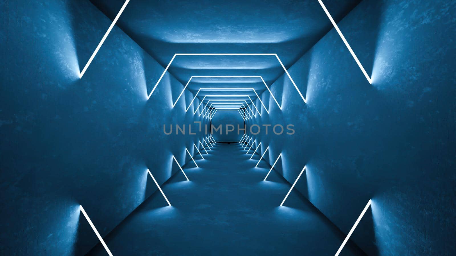 Night club interior lights 3d render for laser show. Glowing lines. Abstract fluorescent background. Neon room corridor background. Light abstract futuristic design. Modern geometric glow interior. Perspective bright electric lamp wallpaper. Wall illumination technology tunnel with matte reflection. Led lights backdrop.