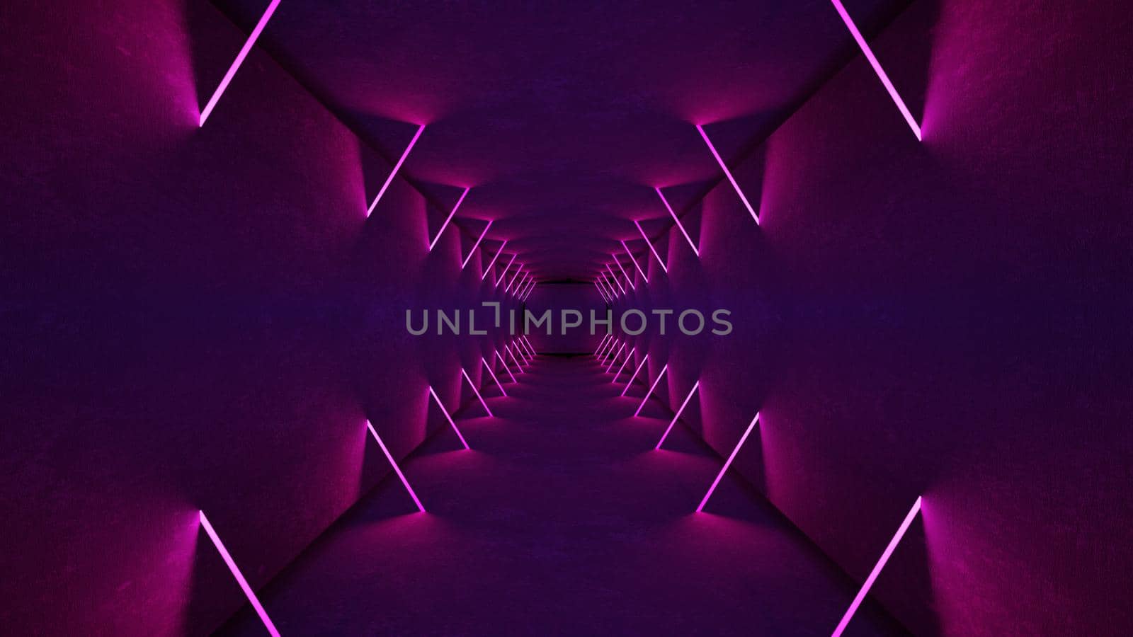 Night club interior lights 3d render for laser show. Glowing lines. Abstract fluorescent background. Neon room corridor background. Light abstract futuristic design. Modern geometric glow interior. Perspective bright electric lamp wallpaper. Wall illumination technology tunnel with matte reflection. Led lights backdrop.