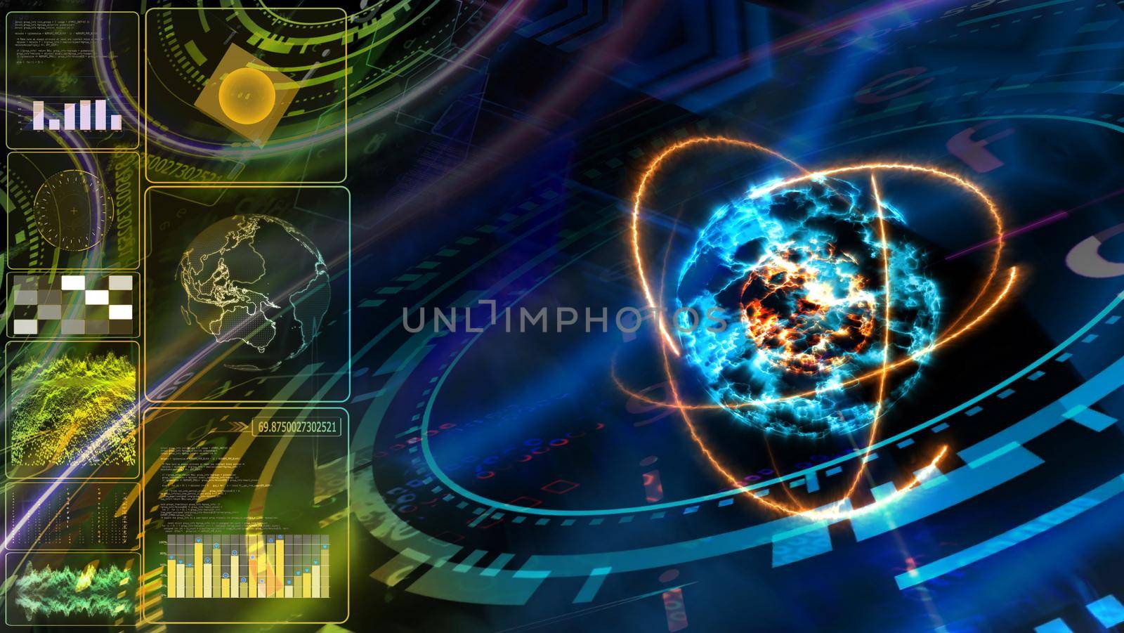 monitor analysis abstract colorful core explosive core and quantum futuristic computer technology with digital matrix template and laser