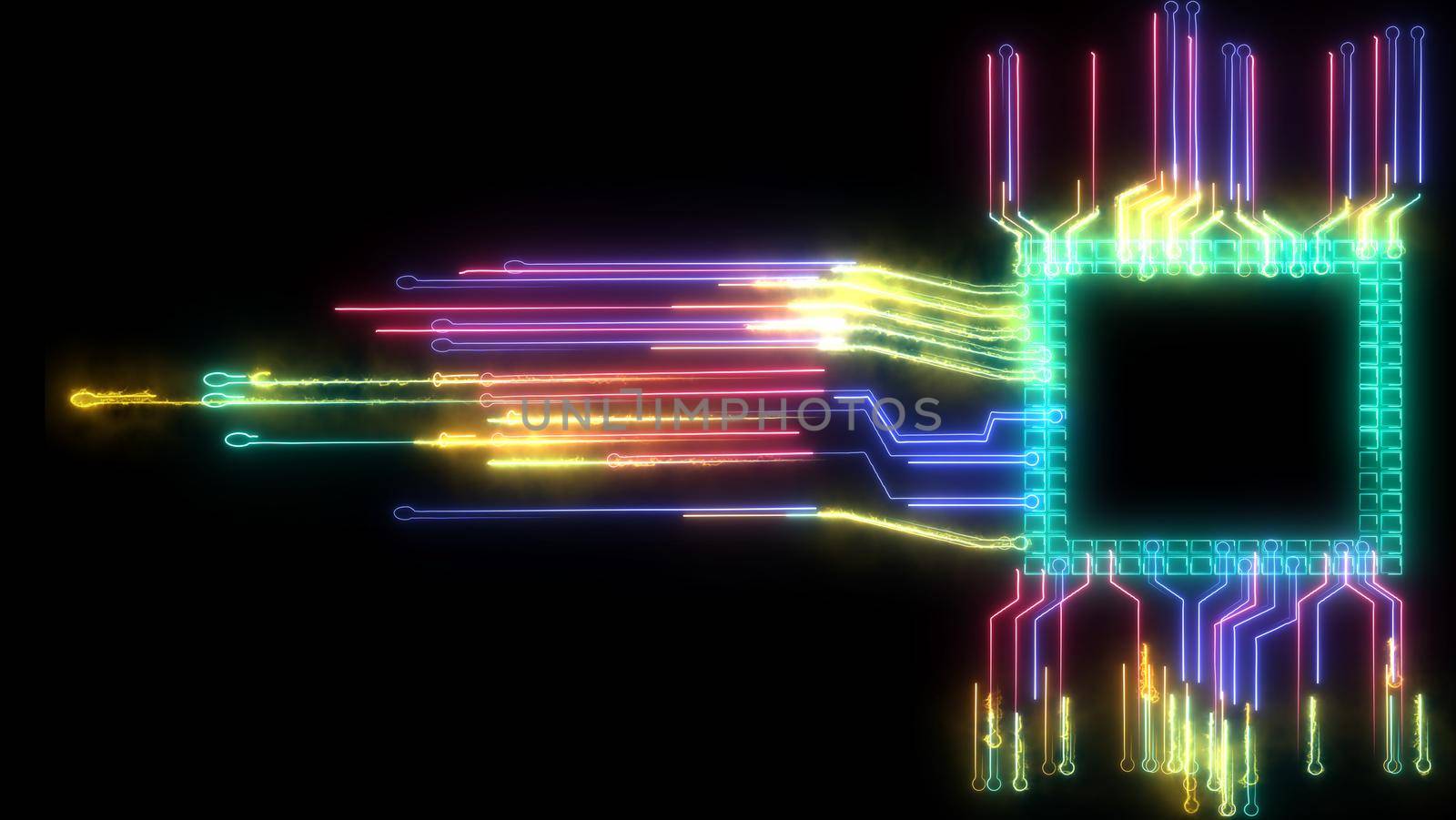 Futuristic abstract rainbow digital intelligent twisted light high speed chip data processing technology full power and energy cell moving around