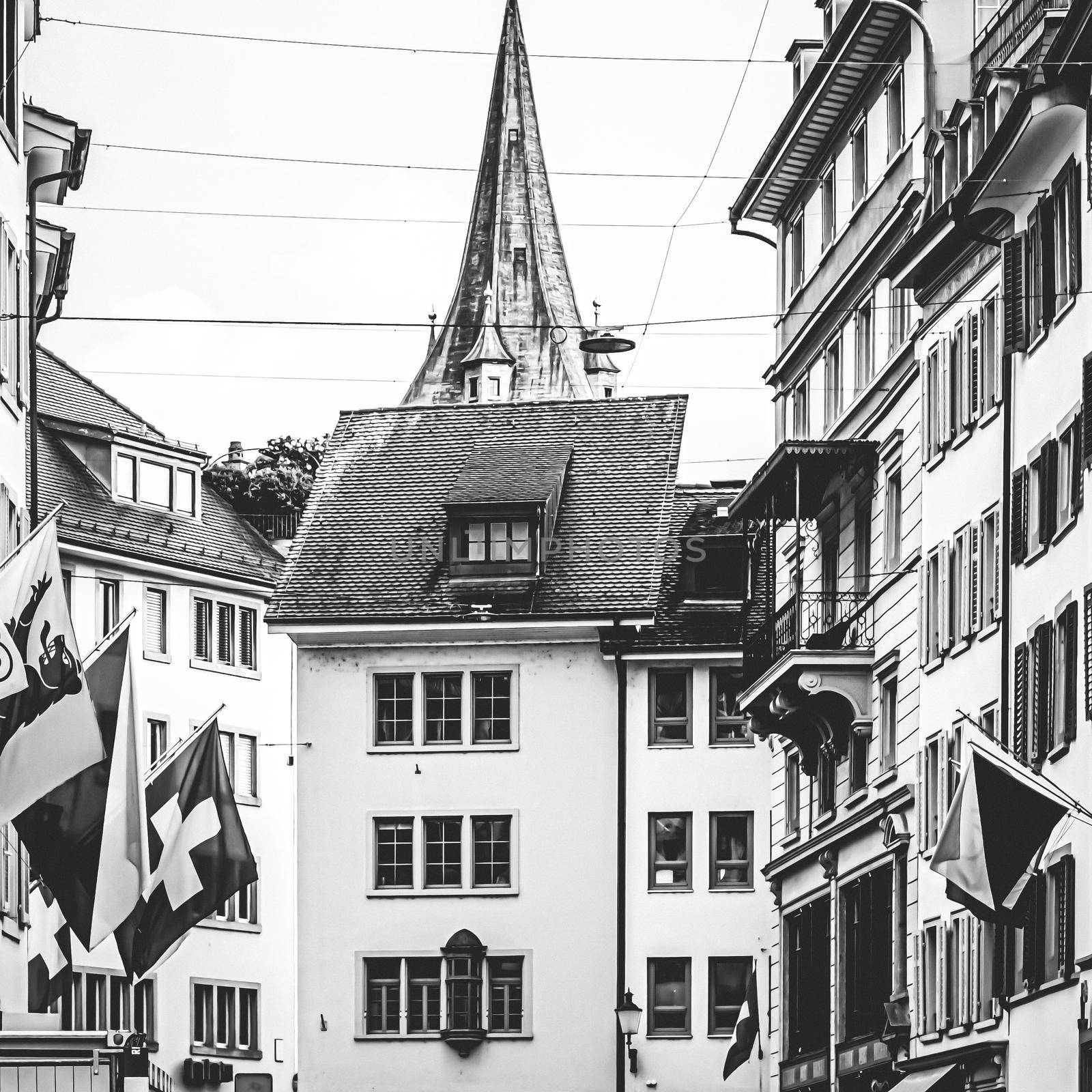 Zurich, Switzerland view of historic Old Town buildings near main railway train station Zurich HB, Hauptbahnhof, Swiss architecture and travel destination by Anneleven