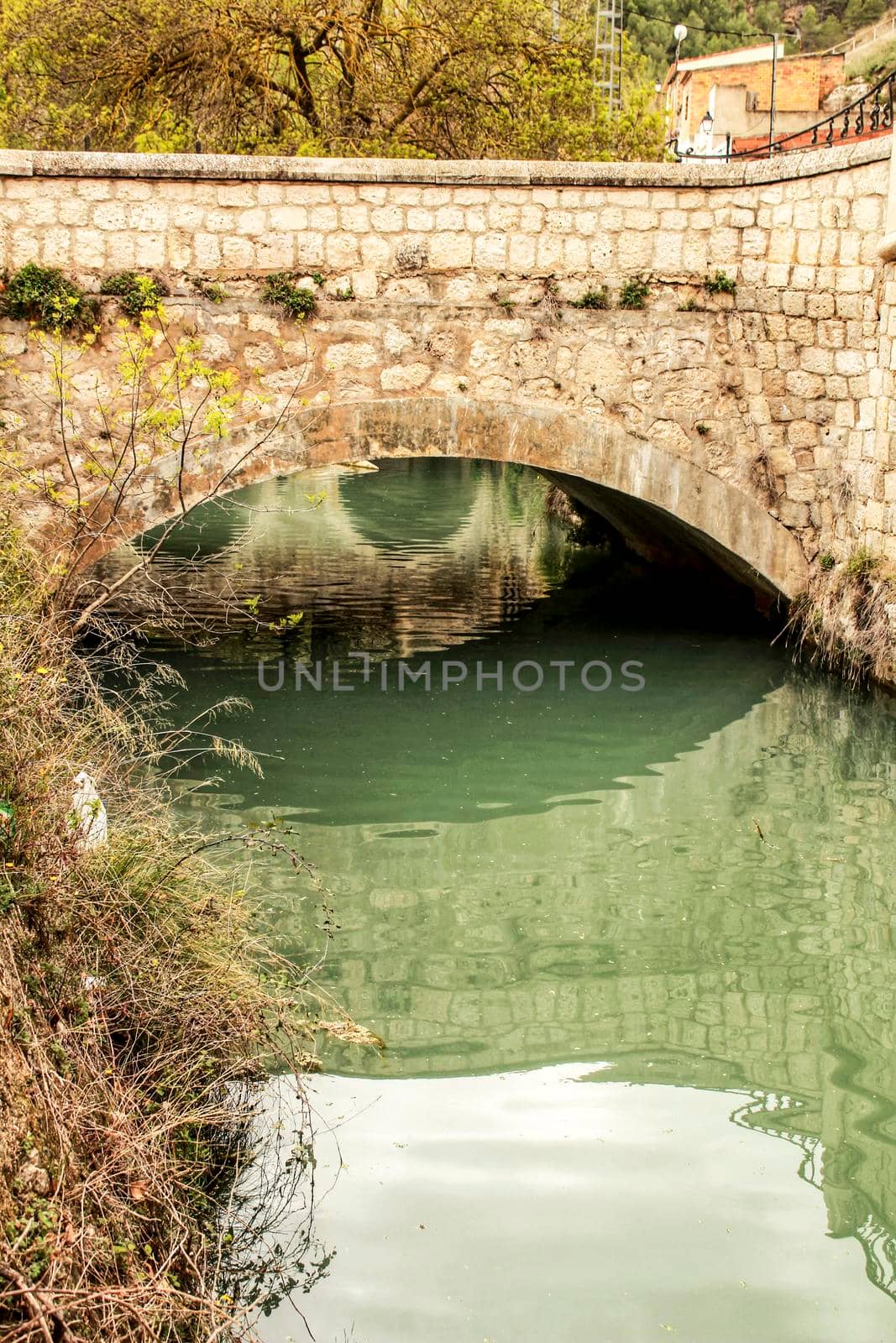 The Jucar River and old stone bridge surrounded by vegetation in Alcala del Jucar village