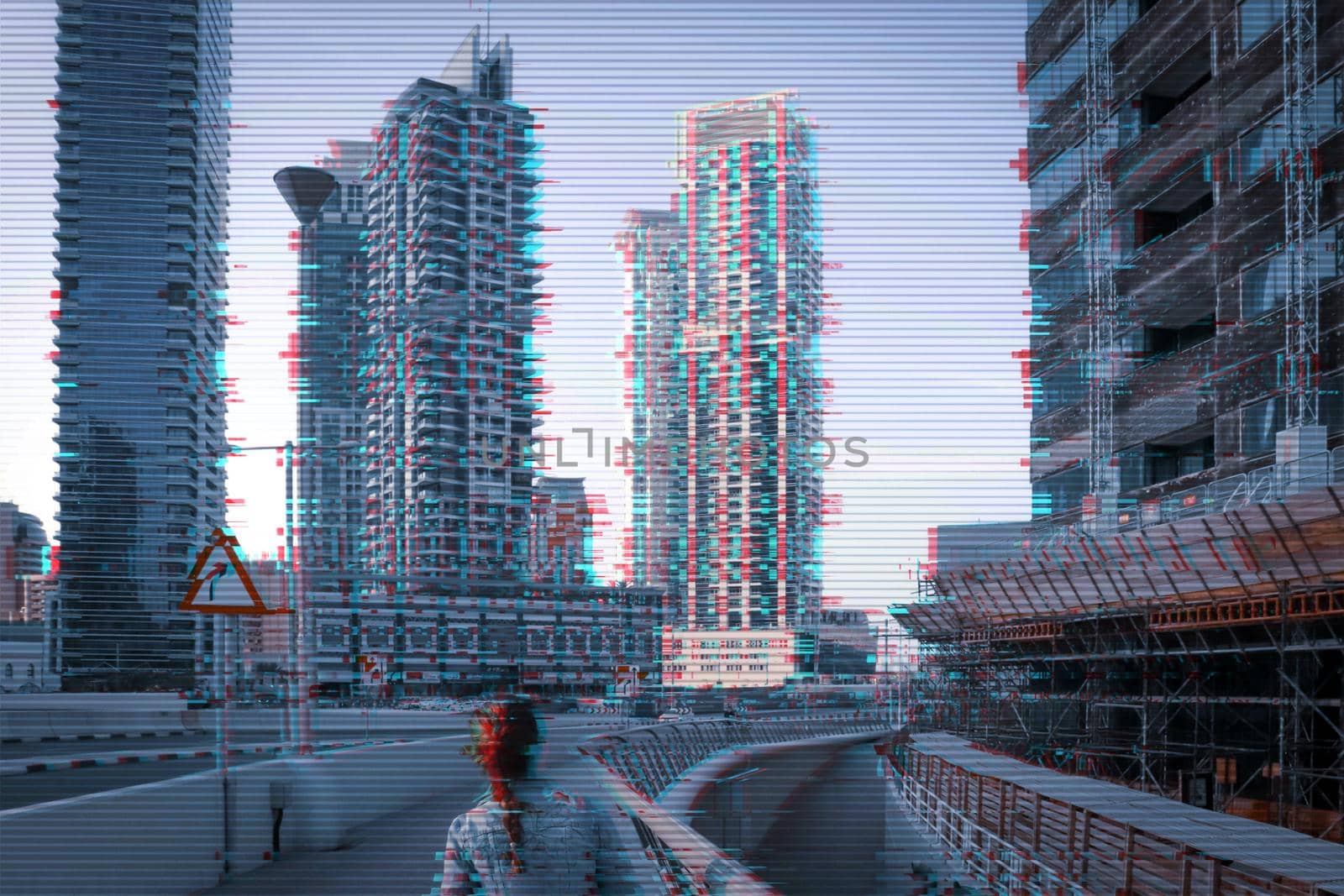 3d pattern with city glitch for concept design. Background 3d grid. Digital pixel noise glitch error.