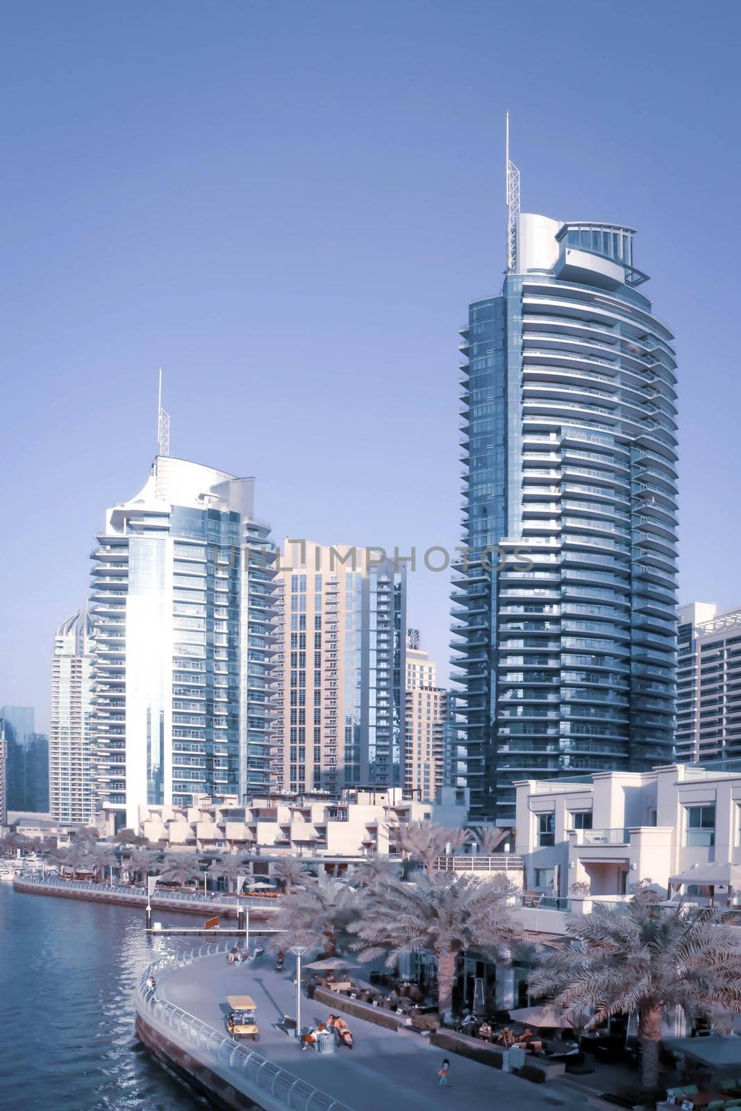 Blue dubai marina. Panoramic view. Dubai downtown cityscape. Dubai city background.