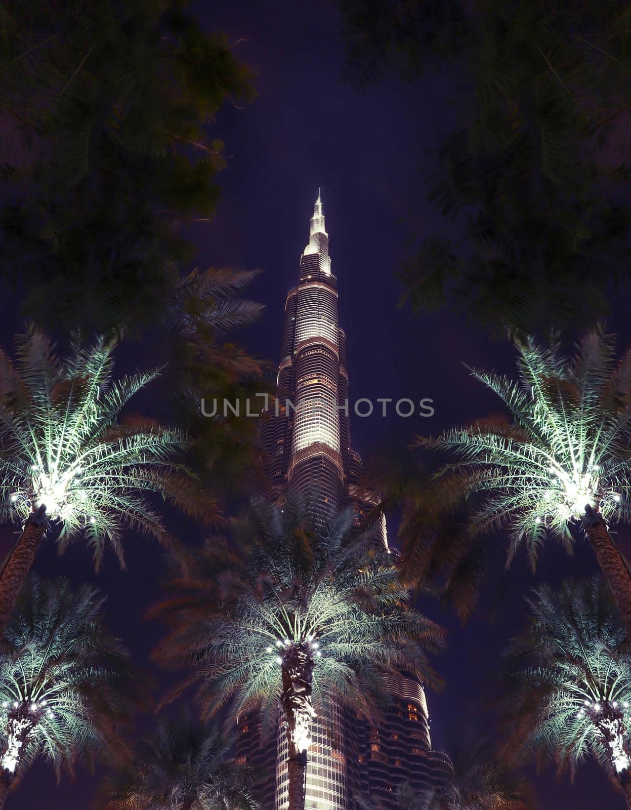 Dubai, UAE December 25 2018 Urbanistic backdrop. Holiday uae night background. Futuristic skyline. United arab emirates night sky. Famous landmark. by DmytroRazinkov