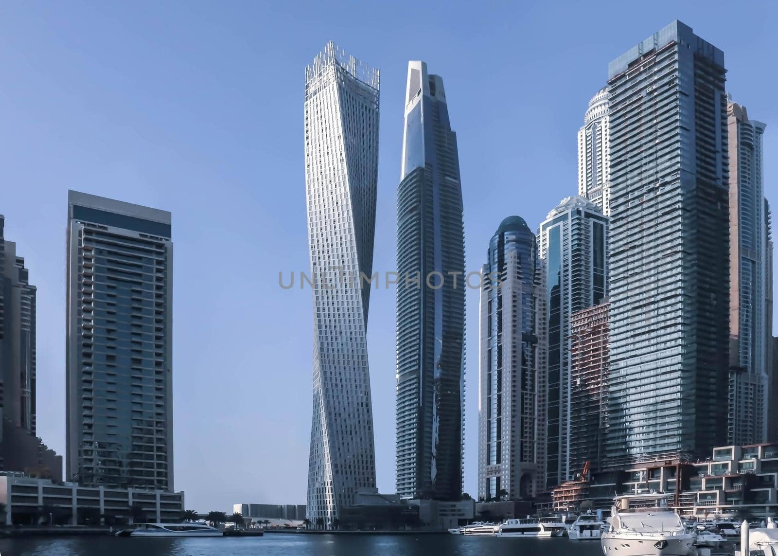 Blue dubai marina. Panoramic view. Dubai downtown cityscape. Dubai city background.