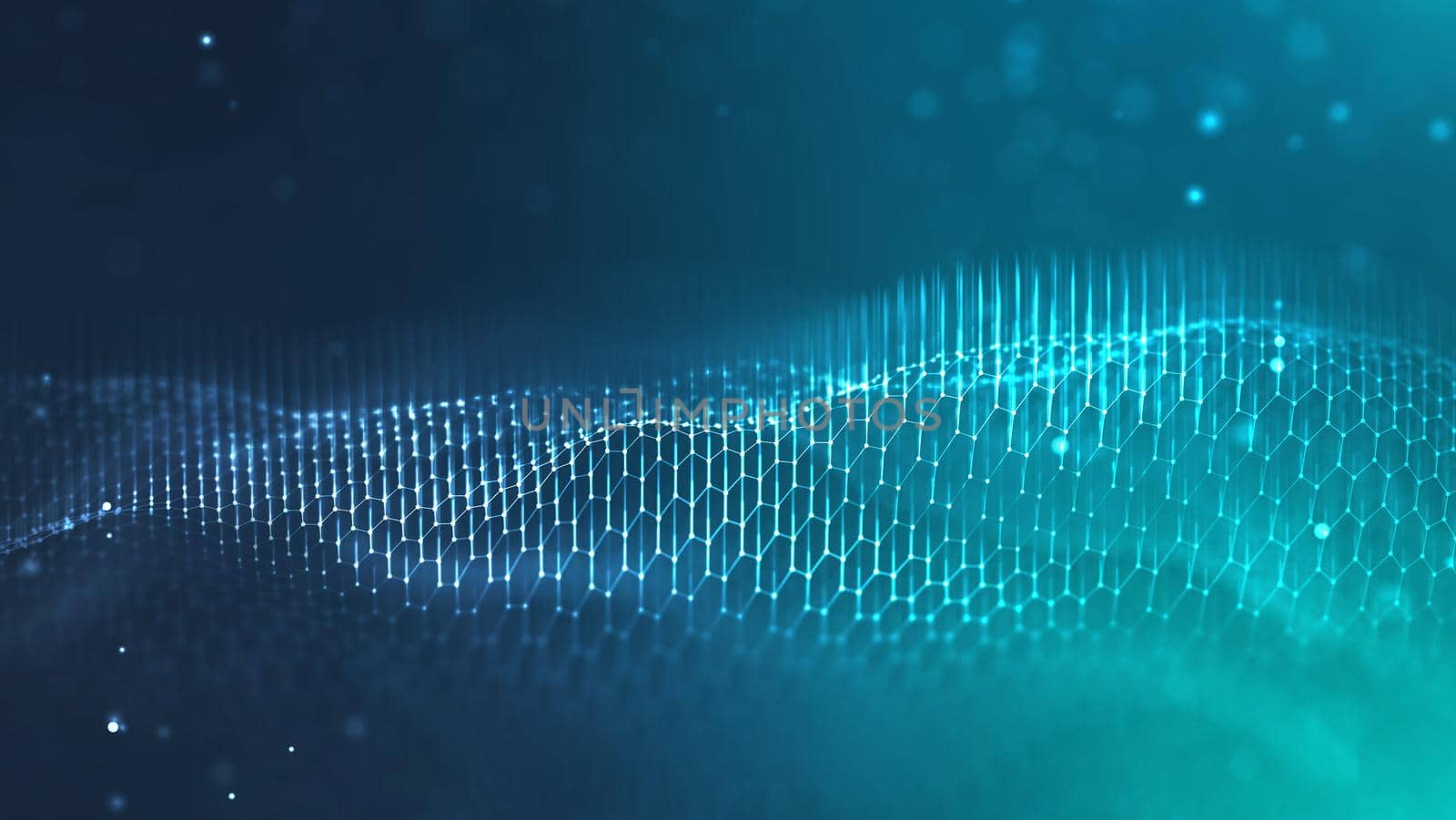 Network connection concept black background illustration. Futuristic hexagon perspective wide angle lanscape. Futuristic honeycomb concept. 3d landscape.