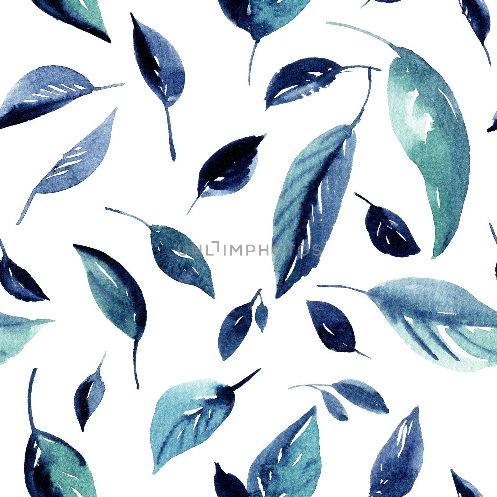 Watercolor leaves on white background - decorative organic seamless pattern.