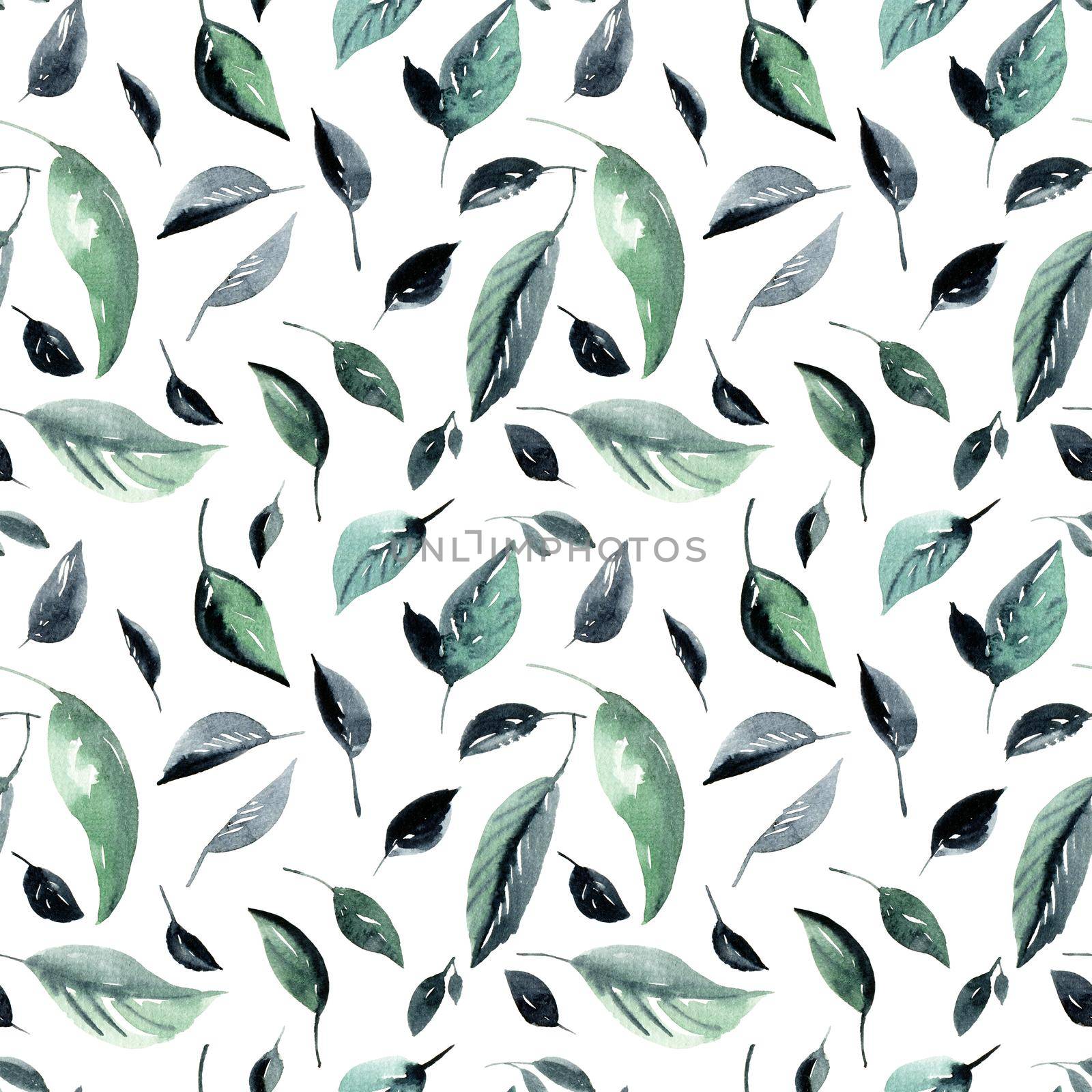 Watercolor leaves on white background - decorative organic seamless pattern.