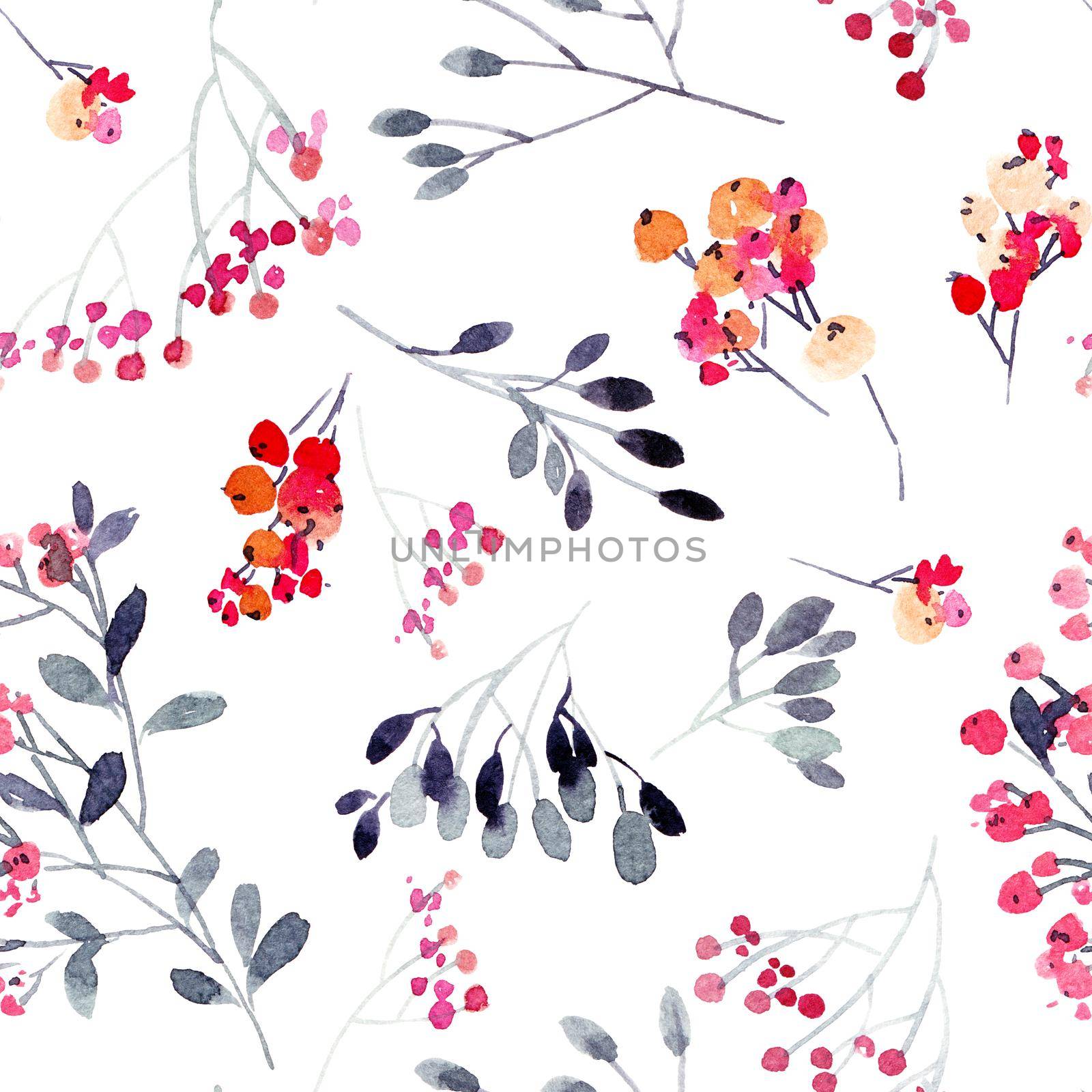 Watercolor leaves and flowers twigs on white background - decorative organic seamless pattern.