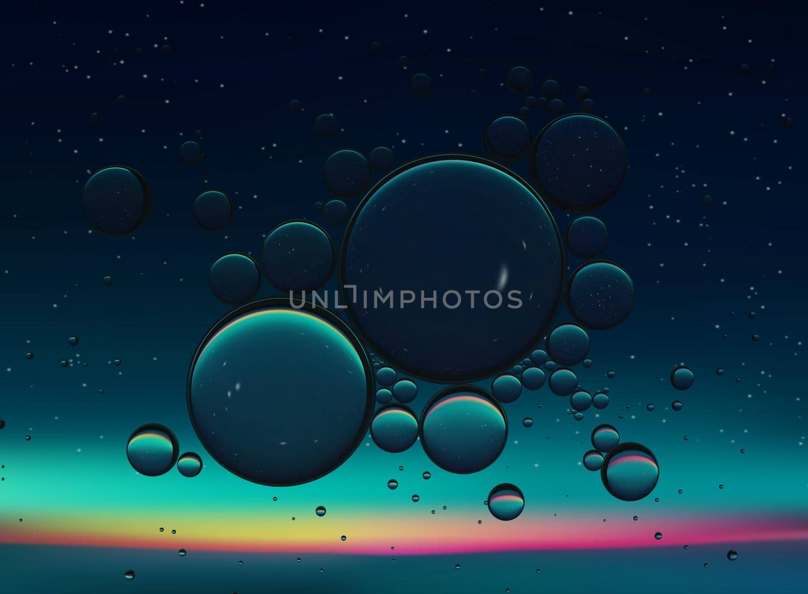 Oil Bubbles Isolated on White Background, Closeup Collagen Emulsion in Water. Illustration. Gold Droplets.