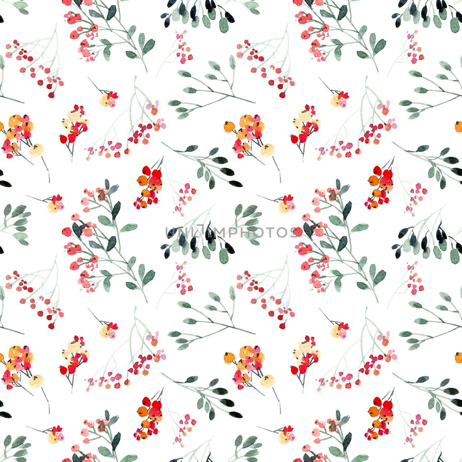Watercolor leaves and flowers twigs on white background - decorative organic seamless pattern.