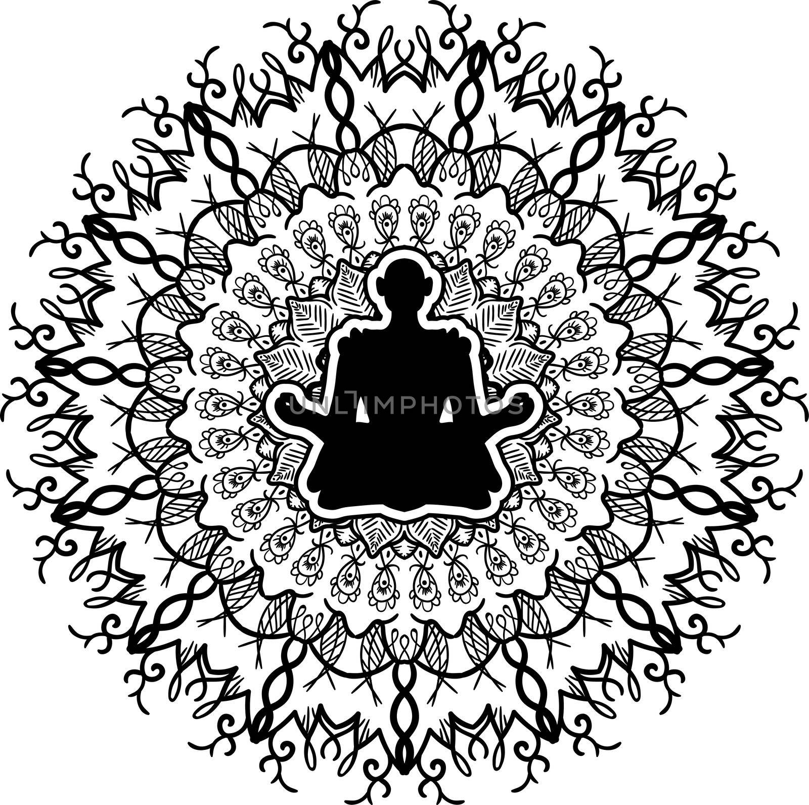 Yoga symbol, monochrome mandala art. Meditating character silhouette. Oriental vector drawing