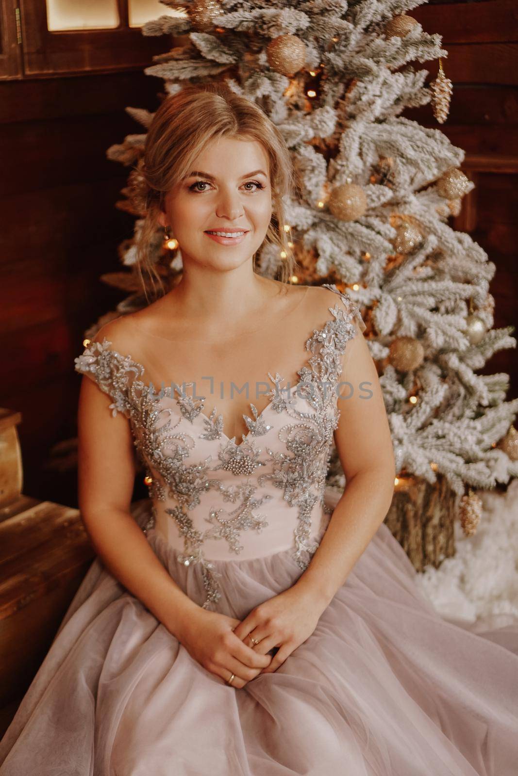 Christmas, winter holidays concept. Beautiful woman in evening long dress by natali_brill