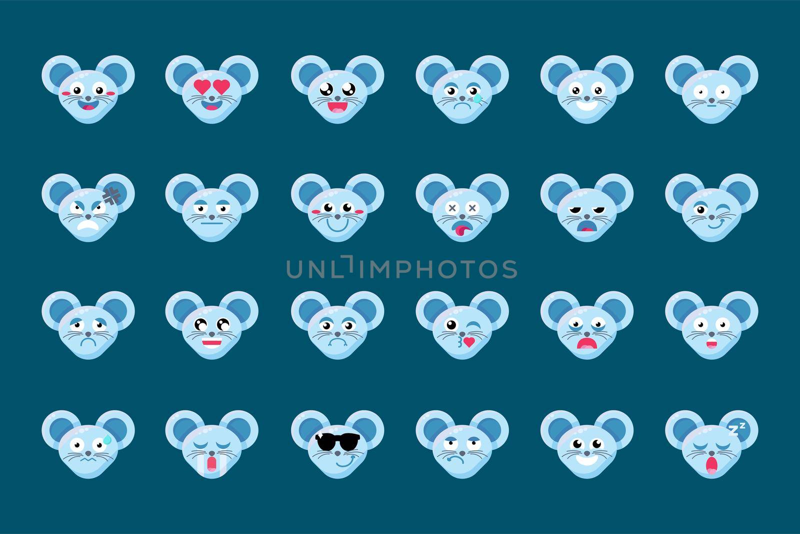 Emoji Fun Cute Animal Mouse Smile Emotions Set. Colorful Collection Face Feelings Happy and Inlove, Confused and Dizzy, Blankface and Happyface. Emoticon Vector Flat Cartoon Illustrations