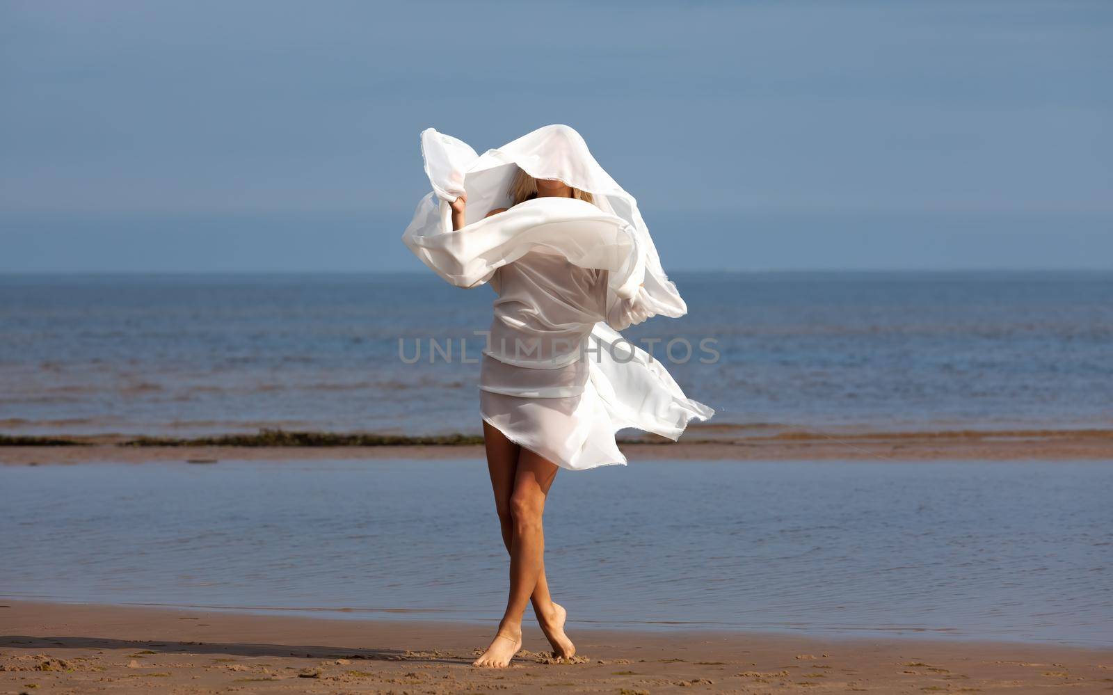 Nude woman posing with a white fabric by palinchak