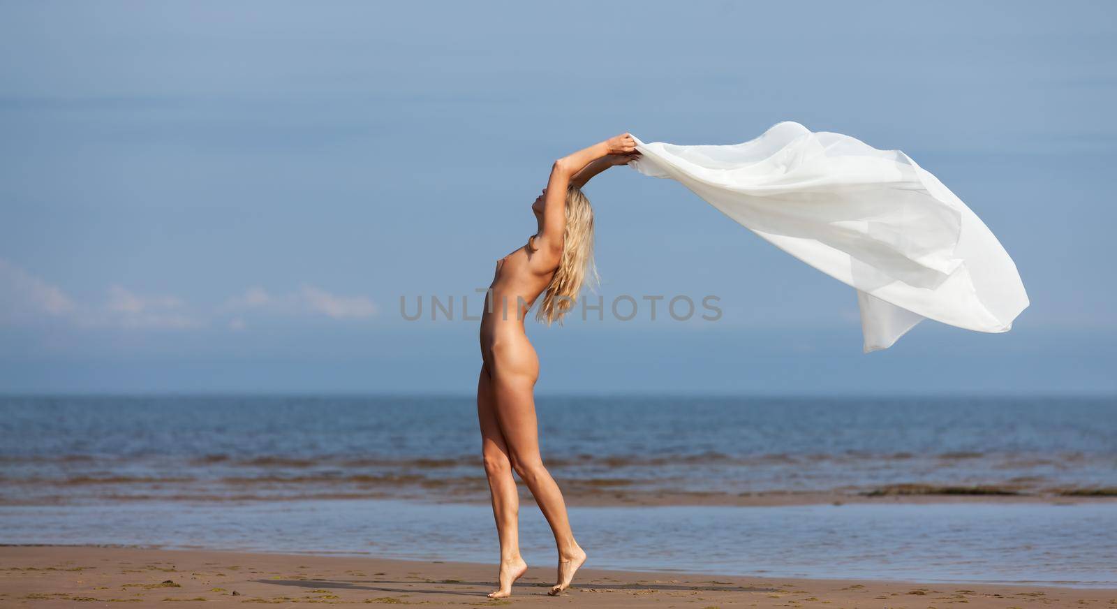 Nude woman posing with a white fabric by palinchak