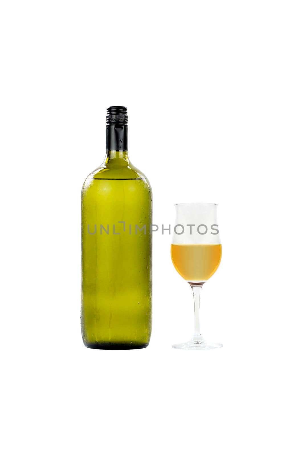Large glass wine bottle and wine glass isolated on white background.