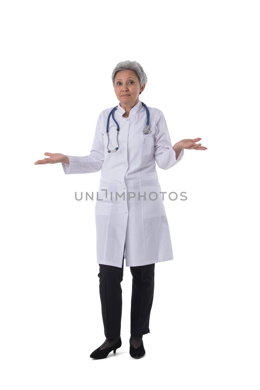 Asian doctor woman shrug shoulders i dont know confused, full length portrait isolated on white background